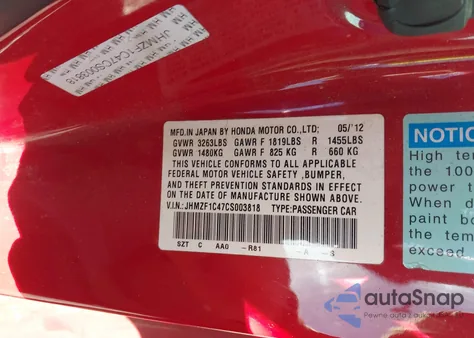 2012 Honda Cr-Z z USA, uszkodzony, nr VIN JHMZF1C47CS003818